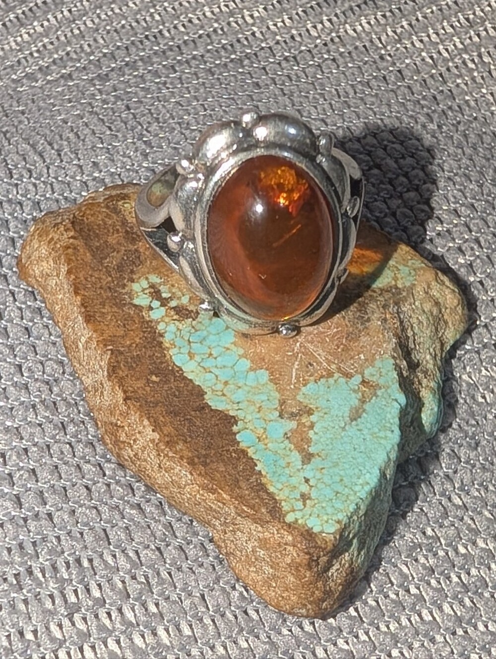Sterling Silver Baltic Amber Cabochon Statement Ring - Amber Brown Size 7